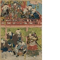 Kabuki-Szene mit zahlreichen Schauspielern auf einer Bühne mit einem Tempelbalkon
